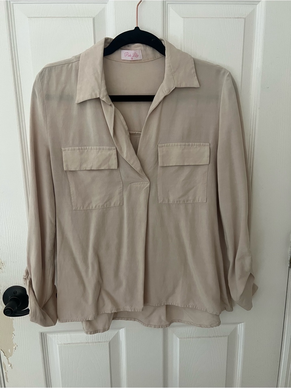 Beige Business Casual Pocket Blouse